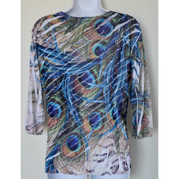 CURRENT/ELLIOTT RUFFLED BOAT NECK 3/4 SLEEVE PEACOCK PRINT MULTI BLOUSE. SIZE S - Picture 4 of 8